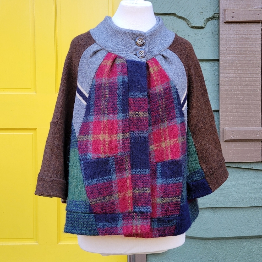 Preloved Handcut Upcycled Wool Patchwork Cape Jacket Sz M | Sustainable Boho